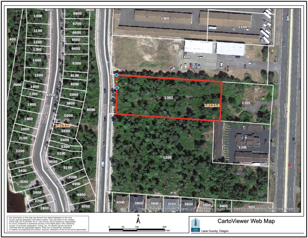 Oak Manor Apartments - Aerial View, parcel 1302 outlined in red